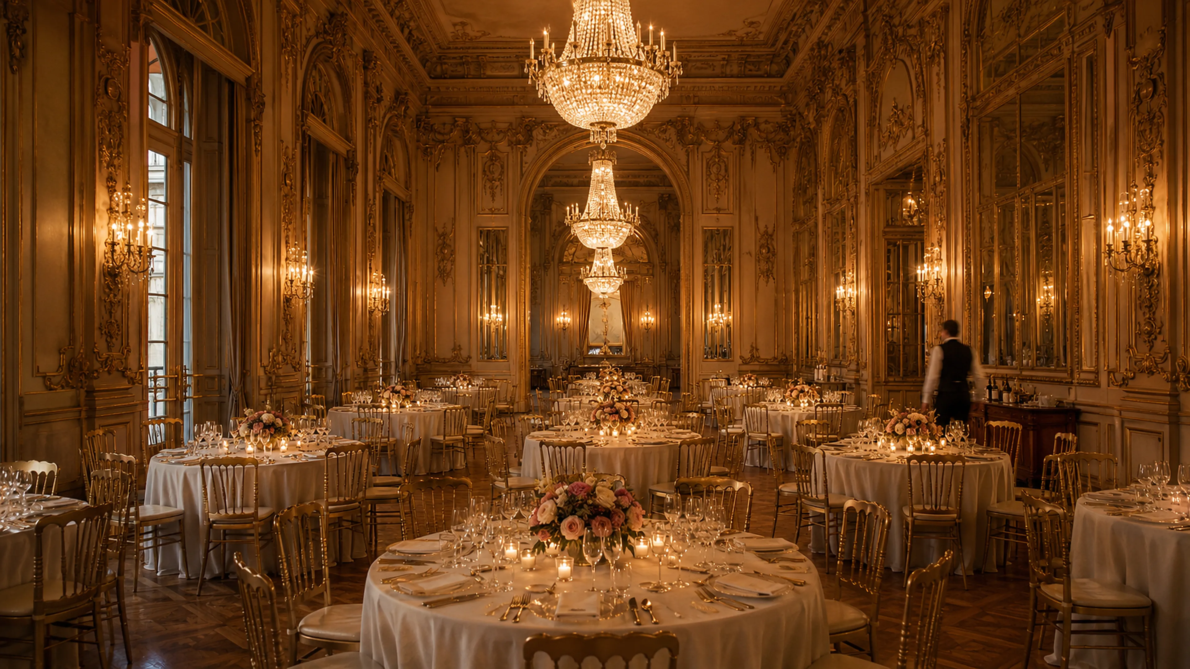 A chandelier-lit ballroom set for a reception dinner