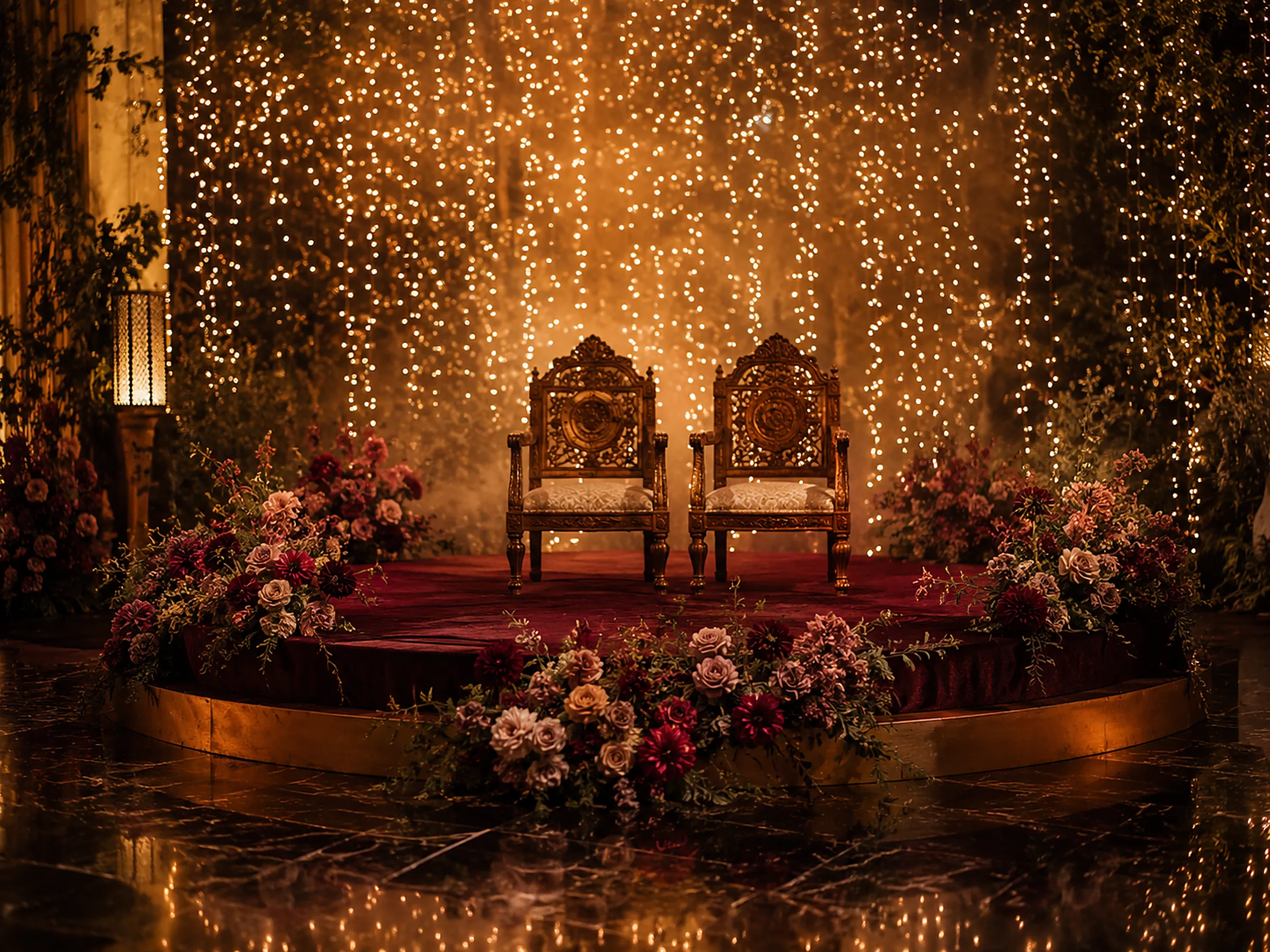 A sangeet stage in low, warm light