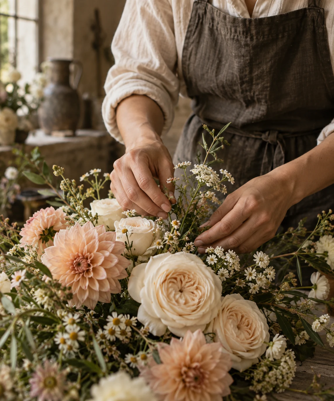 Florist arranging seasonal ivory flowers