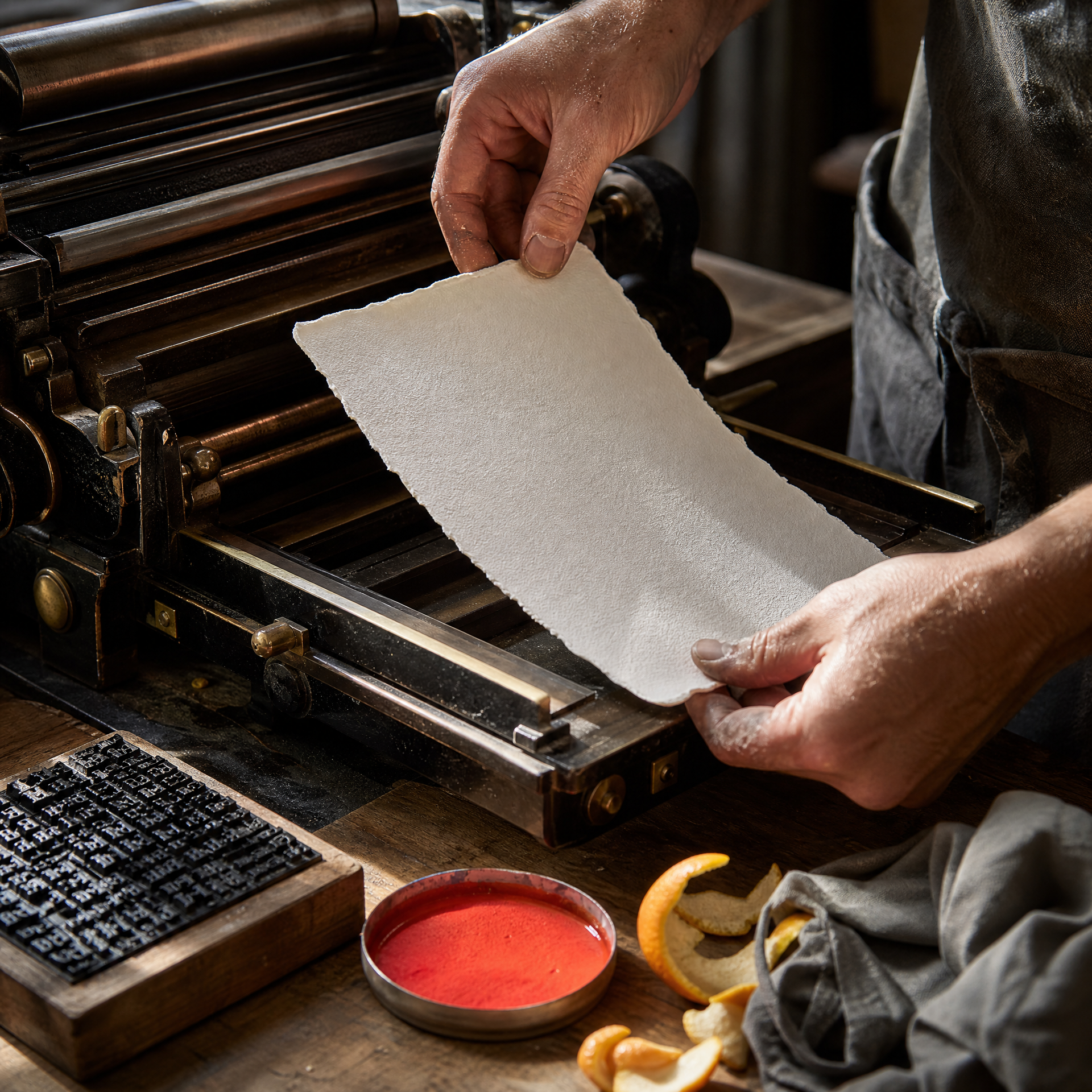 A letterpress printer lifting thick torn-edge cotton paper